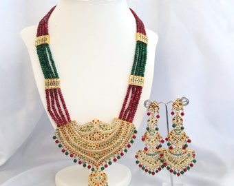 Gold Finish Multi-strand Red and Green Long Necklace and Earrings Set