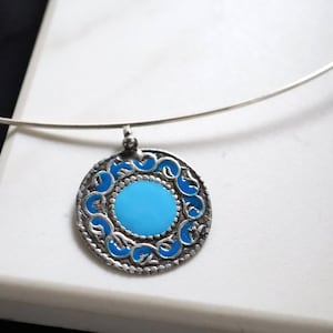 925 Silver - Tribal Wave Light and Dark Blue Hand Painted Disc Pendant