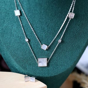 925 Sterling Silver Mother of Pearl Layered Necklace and Earrings Set