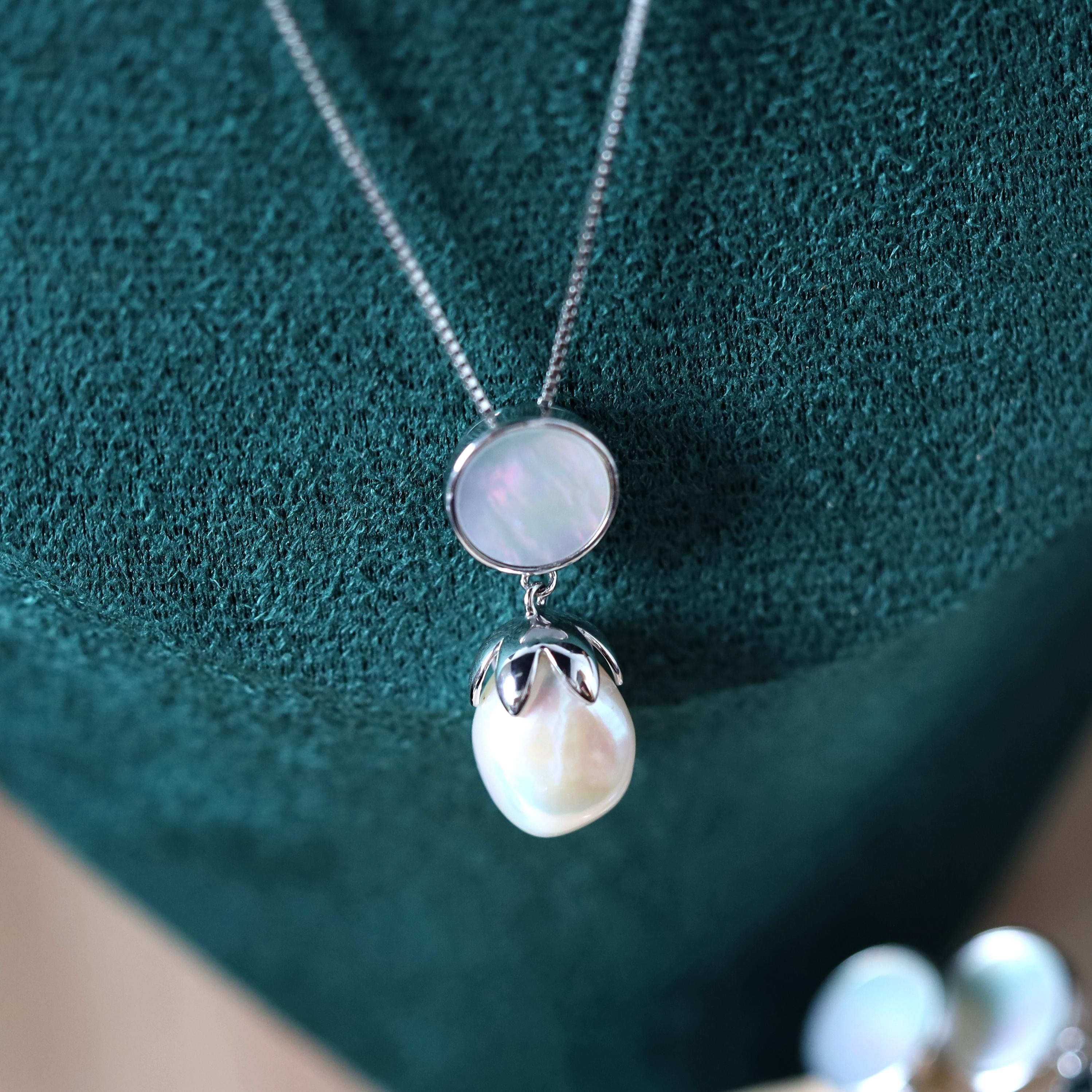 ★ROSEMONT★ Silver Mother of Pearl Earrings Necklace Set La 925 Sterling Silver Mother of Pearl Necklace and Earrings