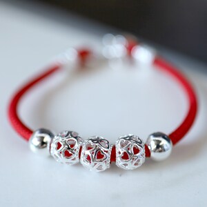 925 Sterling Silver with Red Rope Heart Charm Bracelet