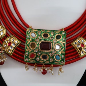 Red Multi-stranded Silk Thread Jute Necklace Set - Navratna Style