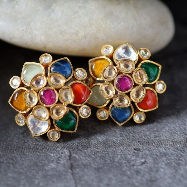 Lotus Inspired Navaratna Flower Stud Earrings