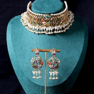 Dangle Pearls Peacock Navratna Choker and Earrings Set