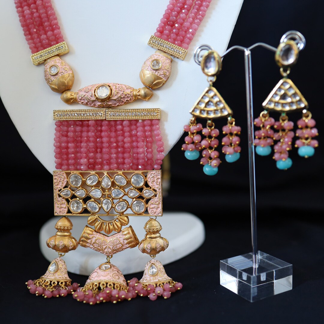 Pink Handcraft Pink Handcrafted Jewellery Set With Long Necklace and Earrings - Etsy