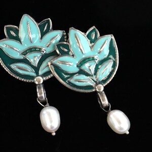 925 Silver - Green Lotus Motif Hand Painted Earrings
