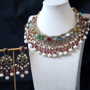 Antique Gold Navratna with Pearls Choker and Earrings Set