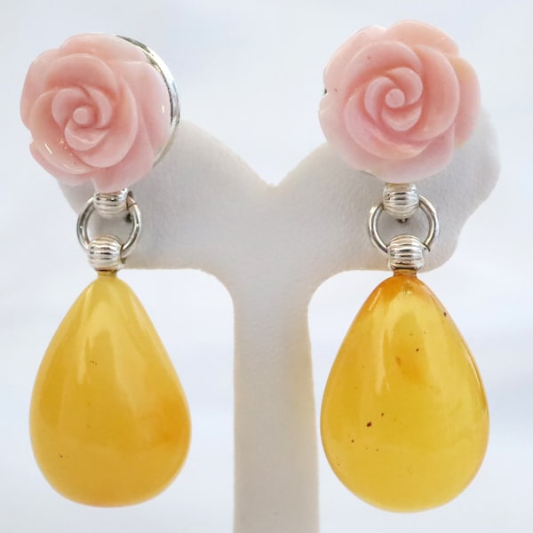 Butterscotch Amber Earrings with Carved Pink Shell Roses Earrings