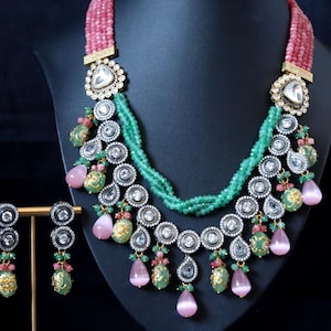 Uncut Polki Kundan and Monalisa Stone Necklace and Earrings Set