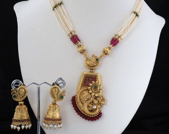 Beaded Red Garnet Necklace and Jhumkis Earrings Set