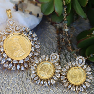 Gold Finished Victorian Coin Hand Made Pendant and Earrings Set