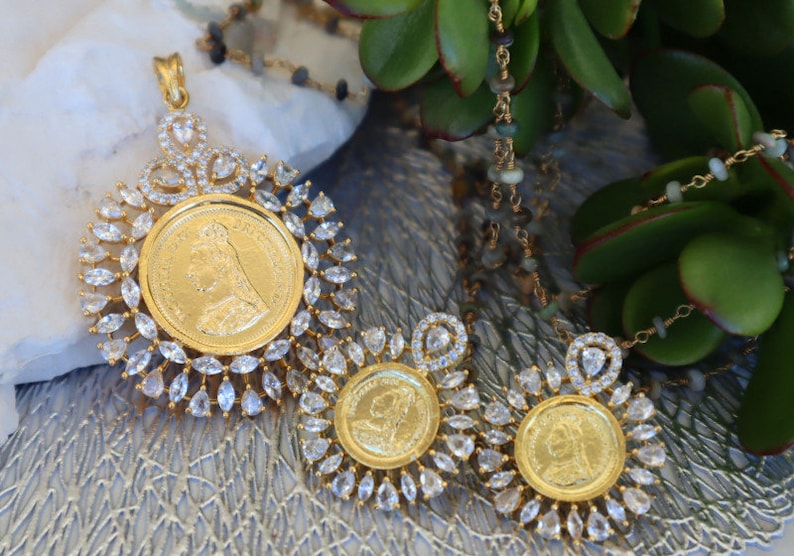 Gold Finished Victorian Coin Hand Made Pendant and Earrings Set