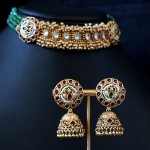 Multi Strand Choker and Jhumkis Earrings Set