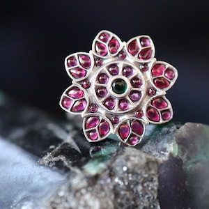 925 Sterling Silver Oxidised Finish Sunflower Ruby and Emerald Ring