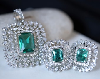 Turquoise Zirconia Pendant and Earrings Set