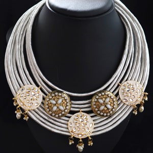 Trendy Multi-stranded Silk Thread Jute Necklace in Silver and White