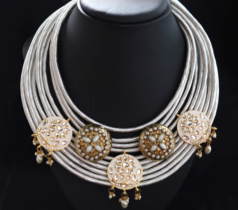 Trendy Multi-stranded Silk Thread Jute Necklace in Silver and White