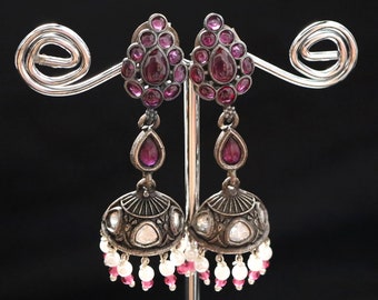 925 Sterling Silver - Oxidised Finish with Ruby Dangle Earrings