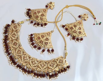 Beautiful Deep Red Necklace, Earrings and Tikka Set