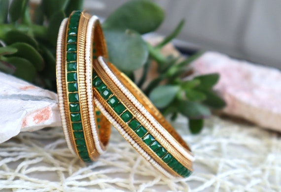 Pair of Green and Imitation Pearl Kada Bangles Etsy