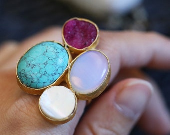 Bague réglable Druzy et pierres multicolores