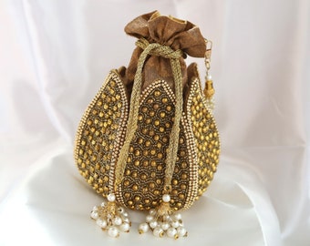 Lotus Shape Potli Bag, Beaded Brass Finish Clutch