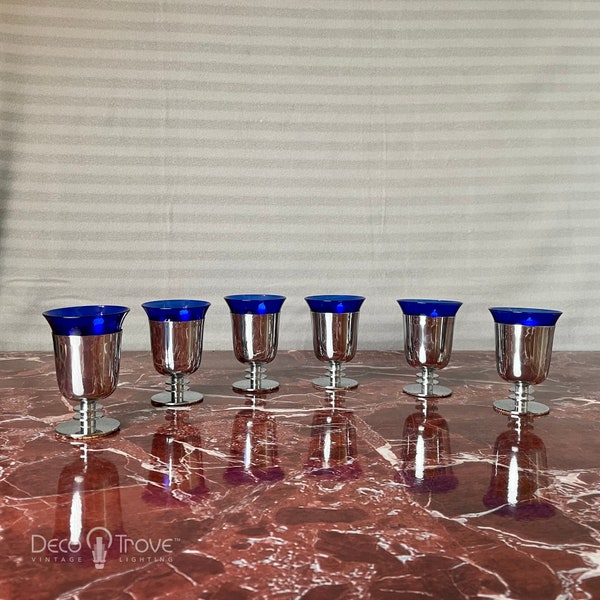 SET of 6 RARE Machine Age Deco Chrome & Cobalt Cocktail Cups - Walter Von Nessen