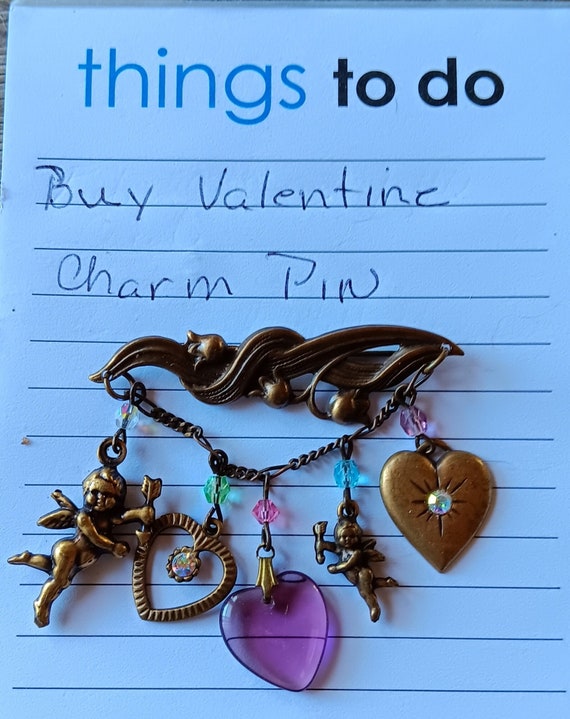Valentine charm pin. Metal charms, crystals ,  che