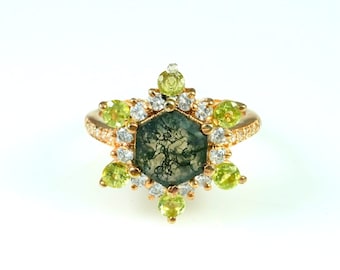 Anillo de ágata musgosa hecho a mano: joyería hexagonal de plata de ley bañada en oro