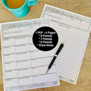Peut inclure: Deux feuilles imprimées blanches intitulées While You Were Away avec des champs pour les informations du remplaçant, les périodes de cours, les élèves absents et des notes. Un stylo noir repose sur le papier et une tasse turquoise remplie de café est posée à proximité sur une surface en bois.