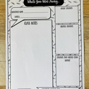 May include: A printable black and white classroom substitute teacher form with the text "While You Were Away..." at the top. The form includes sections for substitute name, date, class notes, absent students, helpful students, students that needed extra support, and substitute contact info. The form is decorated with a pencil pattern.