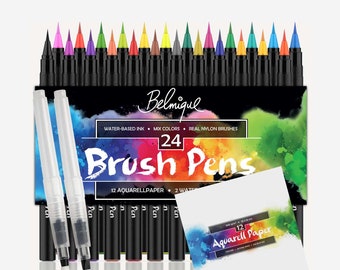 Belmique brush pens set of 38 I 24 watercolor paints, 2 water tank brushes, 12 watercolor paper | Brush pens with soft nylon tips