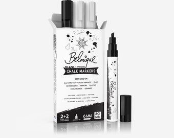 Crayons à craie Belmique Schhwarz et blanc pour tableau noir & fenêtre 6 mm | Essuyable à sec