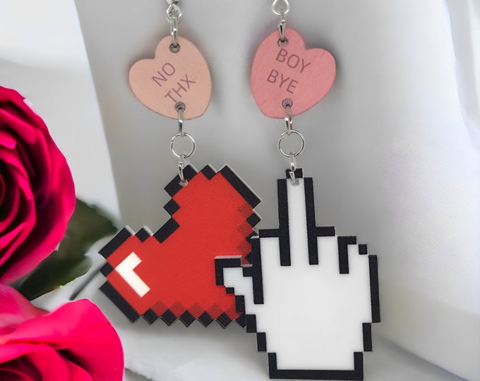 Featured listing image: Boy Bye No Thx 8-Bit Anti-Valentine Earrings - Acrylic Anti-Valentine's Day Earrings - Conversation Heart Earrings - Galentine's Day Gift