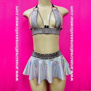 exotic dancewear, exotic dancer outfit, rave costume, silver skirt