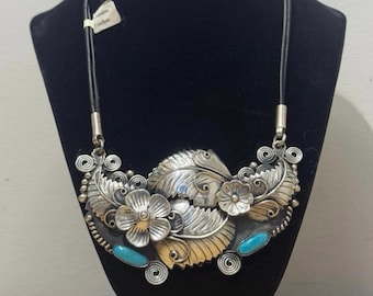 Rare Vintage Mexican CII Western 925 Silver Huge Pendant Necklace Turquoise