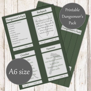 Printable Dungeoneer Pack for DnD 5e, great player and DM tool, adventuring gear cards, A4 and letter sizes included