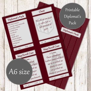 Printable Diplomat's Pack for DnD 5e, great player and DM tool, adventuring gear cards, A4 and letter sizes included