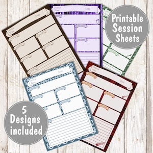 DnD Session Notes, Printable, PDF fillable, A Great RPG Summary Sheet For Your Campaign, five designs