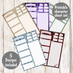 DnD printable Character Sheet Sets, 5 designs included in both colour and black & white
