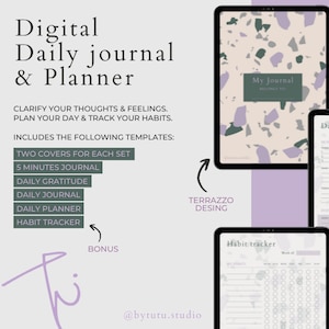 May include: Digital daily journal and planner displayed on tablets. The cover features a terrazzo design with green, purple, and beige shapes. Includes templates for gratitude, journaling, and habit tracking. Two design options: Colors & Neutrals.