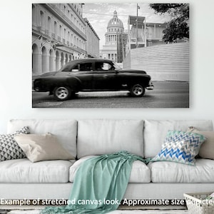 Classic Black Car Driving Past El Capitolio Havana Cuba Black and White Photograph Digital Download Print at Home