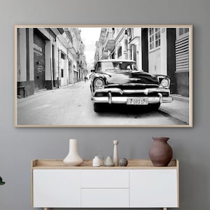 Classic Car Black Plymouth Plaza Havana Cuba Black and White Samsung Frame TV Art Digital Download