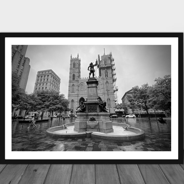 Maisonneuve Monument with Notre-Dame Basilica of Montreal Black and White Photograph Digital Download Print at Home