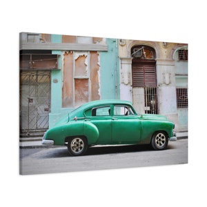 Green Chevy Fleetline Classic Car Havana Cuba Stretched Matte Canvas Photograph Print Ready to Hang
