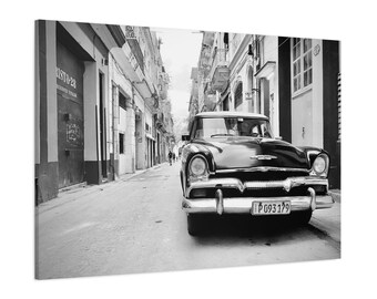 Black Plymouth Plaza Classic Car Havana Cuba  Stretched Matte Canvas Photograph Print Ready to Hang