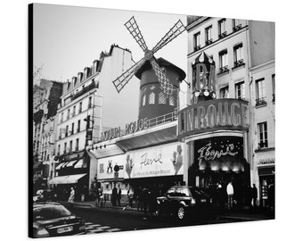 Impresión fotográfica en lienzo mate estirado en blanco y negro del Moulin Rouge de París, Francia, lista para colgar