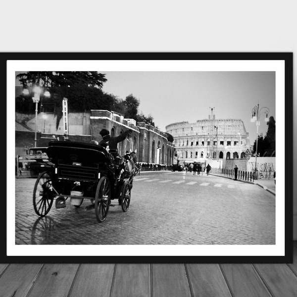 Colosseum with Horse Carriage Rome Black and White Photograph Digital Download Print at Home