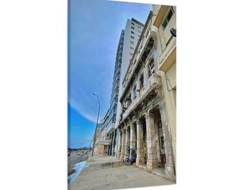 Building Facade along El Malecón Havana Cuba Stretched Matte Canvas Photograph Print Ready to Hang