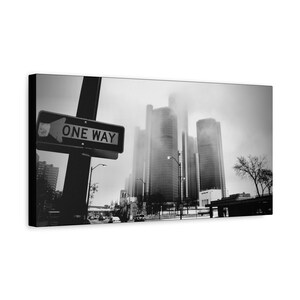 Renaissance Center in the Fog Detroit Michigan Stretched Matte Canvas Photograph Print 10x20 inches Ready to Hang